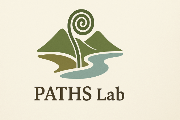 Logo with green mountains, blue river, spiral plant, and "PATHS Lab" text.