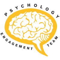 Gold speech bubble with brain illustration and the words "Psychology Engagement Team" around it.